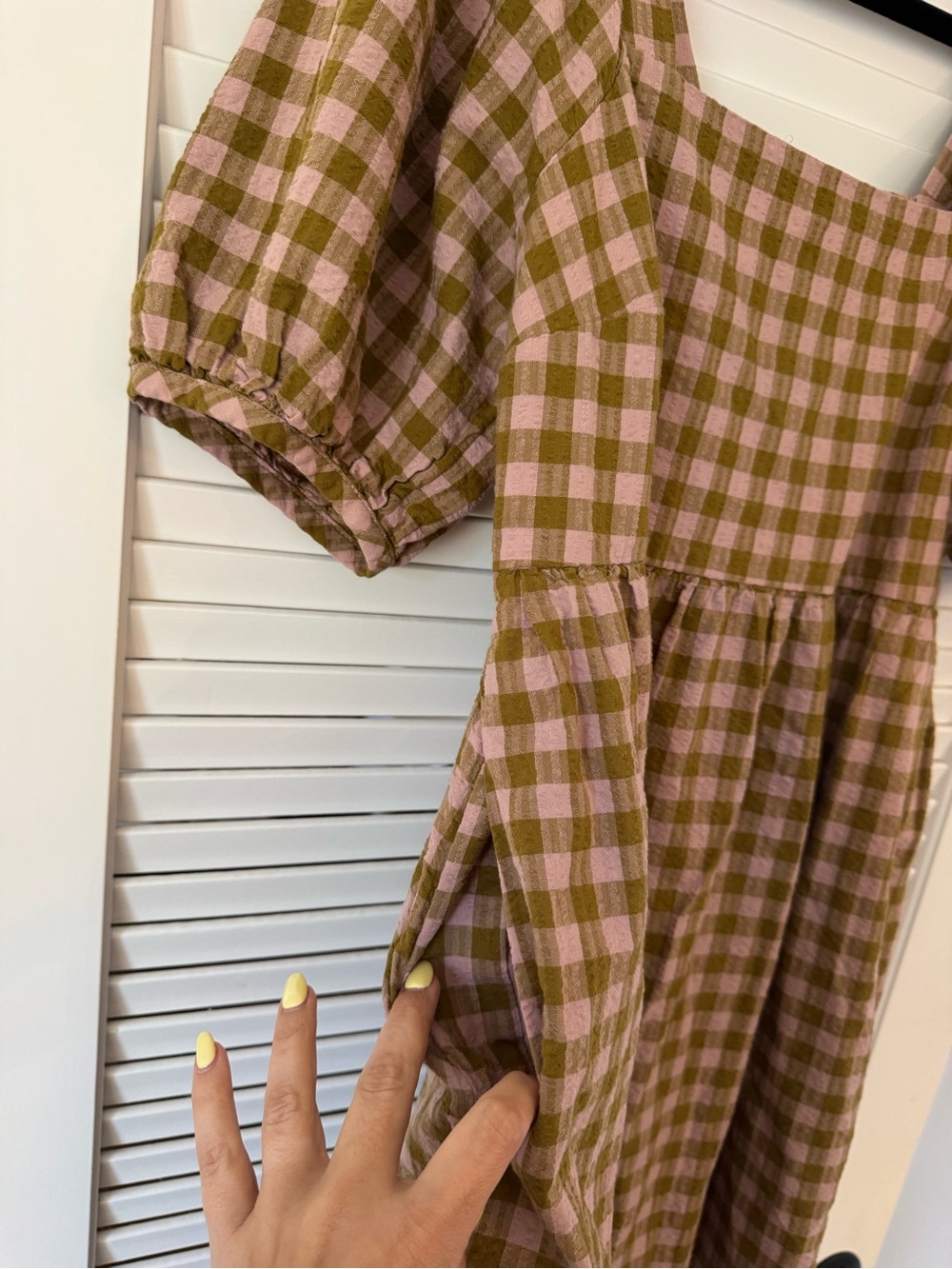 Madewell Dress Square Neck Puff Sleeve Gingham Seersucker in Spiced Olive sz M - Picture 4 of 5
